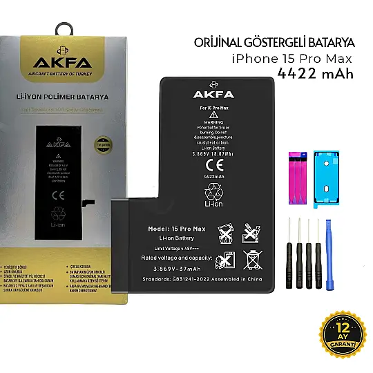 Akfa iPhone 15 Pro Max Batarya 4422 mAh Orjinal Pil + Tamir seti hediye