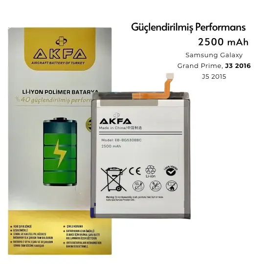 Samsung Grand Prime, J3 2016, J5 2015 Batarya 2500 mAh Güçlendirilmiş Performans EB-BG530BBC